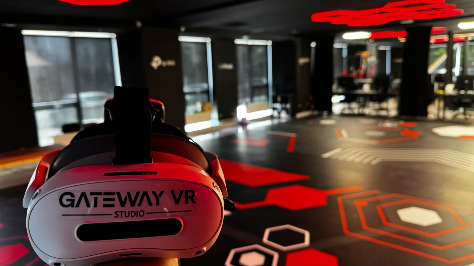 Eye-level view of a sleek VR headset on a modern table
